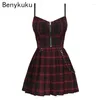 Casual Dresses Red Black Plaid Gothic Girls Sexig Sling Dress Preppy Style Summer Women Sleeveless Mini Short Pleated Goth Punk Streetwear