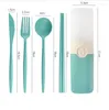 Ensembles de vaisselle 4pcs / ensembles Étudiants Couvoirs Set Wheat Straw Spoon Fork Copsticks avec Organizer Box Outdoor Travel Table Voleille