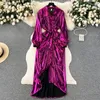 Vestidos casuais 2024 Design Design Autumn Pleated Lace Up Waist Slim Shirt Dress for Women Evening Party Prule Gold Sparkling Long Prom