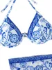 Women's Swimwear Women Bikini Set Flower Blue And White Porcelain Print Bra Briefs With Tie-up Skirt Bathing Suit 3-piece Swimsuit