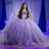 LILAC 3D Fleurs à paillettes Robe de boule de bille Quinceanera Robes de l'épaule perle du gland