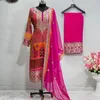 Etnische kleding Salwar Kameez Sets Round Neck Lange mouwen Dressbroek Dupatta Handgemaakt borduurwerk driemaal