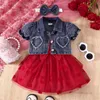Bebek Giyim Setleri Toddler Çocuk Bows Prenses Kıyafetleri Bebek Kızları Seviyor Kalp Dantel Tül Tül Süssü Elbise Lapel Puf Sleeve Dış Giyim 2pcs Z7900