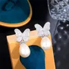 Lüks Dangle İnci Pırlanta Küpe Tasarımcı Kadın Düğün Nişanlığı 3a Zirkonia 18K Altın Kelebek Küpeler S925 STERLING Gümüş Post Mücevher Hediyesi