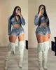 Women's Tracksuits Bling Jeans Outfit Set Sexy Women Elegant Two Pieces Denim Club Matching Top Shorts