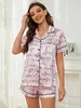Women's Sleepwear Silk Satin Womens Pajamas Sets Short Slve Front Button Top Shorts Letter Print Female Slpwear 2 Pcs Summer Home Suit Y240426
