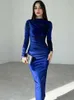 Urban Sexy Dresses Dulzura 2024 Spring Summer Velvet Long Sleeve Midi Dress For Women Ruched Long Dress Elegant Party Clothes Evening Green OutfitsL2404