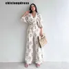 Women's Two Piece Pants Summer Fashion Print Two Piece Set Women Causal Lace Up Puff Slve Top Wide Leg Pants Two Piece Set Women Y240426