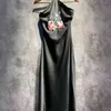 Casual Dresses Women Halterneck Black Sling Dress Floral Embroidery Viscose Off-shoulder Sleeveless Summer 2024 Female Vintage Robe