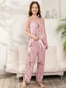 Kvinnors sömnkläder plus storlek S-6XL Womens Pyjama Set Cotton Thr-Piece Löst passform med blommigt tryck Löst hemkläder Pyjamas för kvinnor Y240426