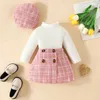 Kledingsets Kinderkleding Girl Lange mouw geribbelde witte tops+plaid a-line mini rok+baret hoeden verjaardag outfits kinderkleding kleding