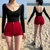 Damesshorts Red High Taille Shorts Women Bodycon strakke elastische elastische sexy bodem shorts Y240425