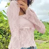 Gaono Floral Lace Mesh Sheer Sheer Conjunto de 2 peças de manga longa zaes de ombros de t-shirt sem cinto Top Top Top Fairy Coquette Y2K Tops de colheita vintage Mulheres 240416