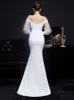 Runway Dresses YIDINGZS Elegant White Satin Appliques Beading Wedding Dress Women S through Tulle Long Slve Party Dress Y240426