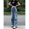 Женские джинсы Slpbely Retro Design Blue Ladies Y2K Прямые и тонкие свободные высокие талию широкие ноги.