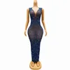 Stage Use Shiny Blue Rhinestones Dress Sexy Transparent Birthday Celebrate See através da fantasia de cantor Lanlan