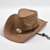 Breda randen hattar hink hattar nya % läder västerländsk cowboy hatt män bred grim gentleman kyrka jazz mössa cowgirl hattar sombrero hombre y240425