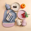 5st Baby Feeding Set Silicone Feeding Set Shallow Tray Baby Silicone Table Seary With Sug Baby Sippy Cup Soft Spoon Fork Bib 240412