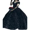 Sparkly Black lovertjes trouwjurken van de schouder V-hals vloerlengte Gothic trouwjurk terug veter 2024 Vintage bruid slijtage Vestido de novia