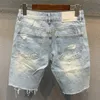 Letnie męskie szorty dżinsowe jasnoniebieskie dżinsy kolanowe mody Trend surowy rąbek spodnie spodnie krótkie dżinsy bryczesy 240418