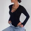 Kadın Tişörtleri Çapraz u yakalı ince uzun kollu üst tek parça