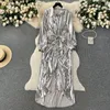 Vestidos casuais 2024 Design Design Autumn Pleated Lace Up Waist Slim Shirt Dress for Women Evening Party Prule Gold Sparkling Long Prom