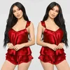 Kvinnors sömnkläder kvinnor slpwear babydoll underkläder nattkläder shorts pjama set ruffles solid satin siden spets hemkläder s-xxl y240426