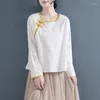 Женские блузки осень китайский стиль o шее рубашка с длинным рукавом женщин винтажные элегантные наклонные пуговицы.