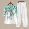 Women's Two Piece Pants New Summer Two Piece Sets White Floral Print Womens Outfits Elegant Ladies O Neck Loose Short Slve Shirt High Waist Pants Suit Y240426