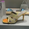 Slippers High версия цветной бриллиантовые квадратные носки Slim Heels Sandals Summer 2024 Gold