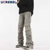 Men's Jeans Laundry severe pleated jeans mens patchwork jeans high street loose sparkling denim pants mens TrousersL2404