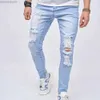 Mäns jeans vår och höstmän öppna främre jeans extremt tunna mensbyxor fashionabla elastiska hål blyerts casual jeansl2404