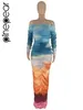 Vestidos informales Mujeres Pinepear Folds Ruchada Tie Dye Tip Dye Impresión fuera de la manga de hombro Codercon MAXI Vestido 2024 Otoño Invierno Sexy Fiesta