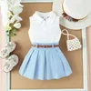 Clothing Sets Kids Girls Skirt Set Turn-down Collar Tank Top With Pleated And Belt Summer Outfit