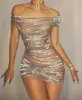 Stage Wear Sparkly Silver Rhinestone Mirror Elastic Fabric Short Dress Women Birthday Play Celebrate Dancer Party Show Gs