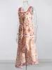 Twotwinstyle女性のためのスリム刺繍ドレススクエアスクエアカラーノースリーブハイウエストバックレスプリントドレス女性ファッション240412