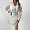 Casual Dresses Satin Short For Women Elegant Ruched Slit Shirt Dress Spring Fashion White Button In 2024 Arrivals