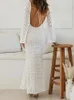 Casual Dresses Women Sexy Backless Lace Up Knitted Maxi Dress Fashion O-neck Flare Long Sleeve Hollow Out Lady Chic Slim Beach Robe