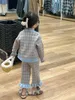 Clothing Sets 2024 Spring Children's Wear Girls' Checkered Knitted Sweater 3-piece Tank Top Wooden Ear Edge Trouser Set Clothes Girls