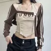 女性用Tシャツ文字貼り付けられた布刺繍非対称のホルターネックベスト長袖コントラストカラー2ピースセット2024ニット