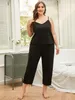 Women's Sleepwear V Neck Slveless Women Pajama Set Plus Size Lace Hem 2 Piece Slpwear Side Plit Top Long Pants Nightwear Homewear Clothes Y240426