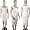 Casual Dresses Solid Ruffles Bodycon Midi Women Elegant Sexy Sheath Slim Sleeveless V-neck Patchwork Split Mid-calf Party Club