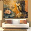 Peinture à l'huile de Bouddha avec des nuances de lotus d'orange jaune et d'or paisible visage de Bouddha en peinture, affiche imprimée, art mural image de salon décor sans cadre