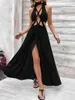 Casual Dresses 2024 i Boho Summer Halter Axless Women Dress Backless Sleuntveless Naked Midja A-Line Long Evening Party Sexig Robe