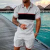 여름 남성복 트렌드 3D 프린트 빈티지 체크 폴로 셔츠 반바지 2 조각 세트 부드러운 패션 캐주얼 남자 의류 트랙 슈트 240419