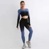 Kvinnors spårningsdräkter 2-delade sömlösa yogaställningar för kvinnors gymkläder Långärmad skörd topp sportkläder fitness ben sportkläder 240424