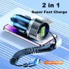 Chargers Edeba Metal USB Car Charger avec câble de type C 12V Super Fast Charging Vehicle Adapter 2 in 1 pour iPhone Samsung Huawei Vivo Oppo