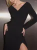 Casual Dresses Beyouare Knit V Neck Off Shoulder Midi Dress Women Long Sleeve Slim Split Bodycon Office Lady Elegant Evening Gala Black