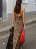 TFMLN 2024 Womens Spaghetti Shoulder Strap Dress Fashionable Swing Collar Backless Party Club Pendant Long Dress Retro Leopard Print 240426