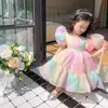 Flickans klänningar Baby Girls Bow Dress Clothes Bubble Sleeve Mesh Kjol Rainbow Princess Dress Costume For Baby Girl 1-6YL2404